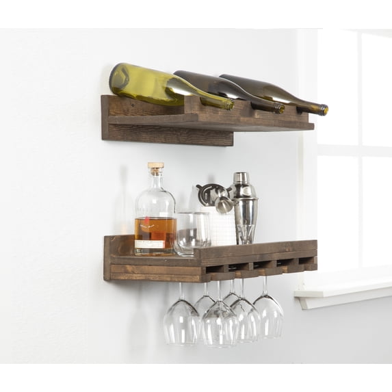 Rustic Luxe Tiered Wall Mounted Wine Rack and Stemware Holder Set