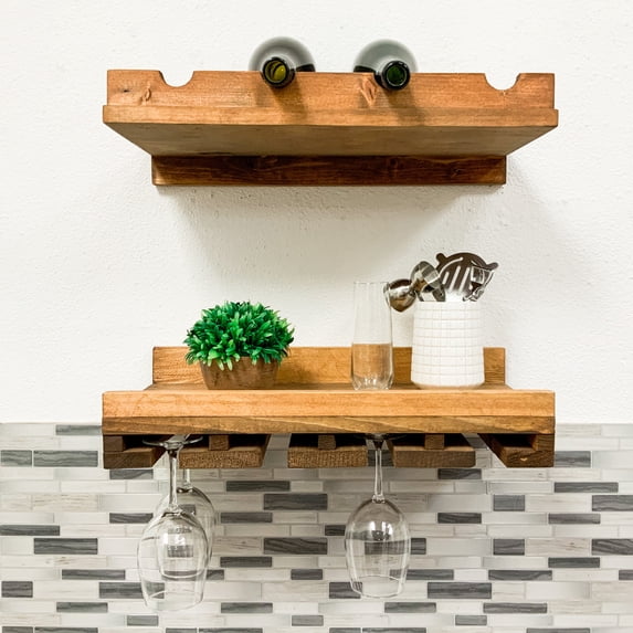 Rustic Luxe Tiered Wall Mounted Wine Rack and Stemware Holder Set