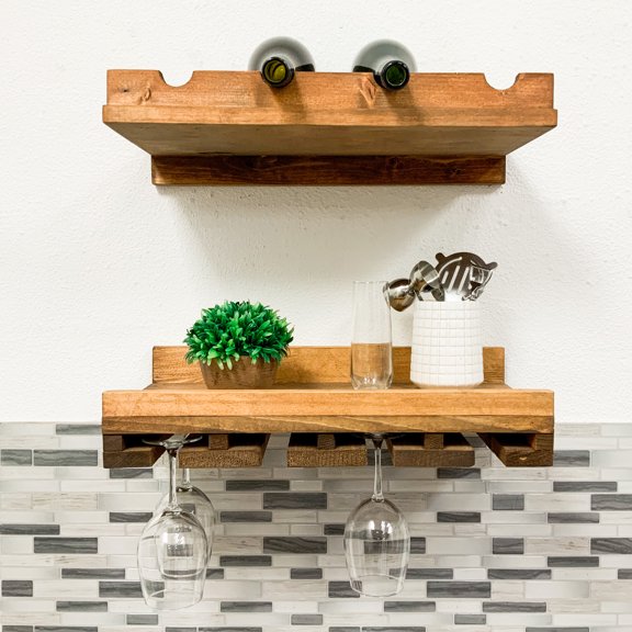 Rustic Luxe Tiered Wall Mounted Wine Rack and Stemware Holder Set