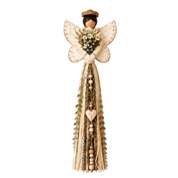 Rustic Macrame Angel Decor, Durable Boho Doll with Heart Plaque, Fun Seasonal Home Accent for Christmas Tree Door Wall Room Decor Signs Khaki