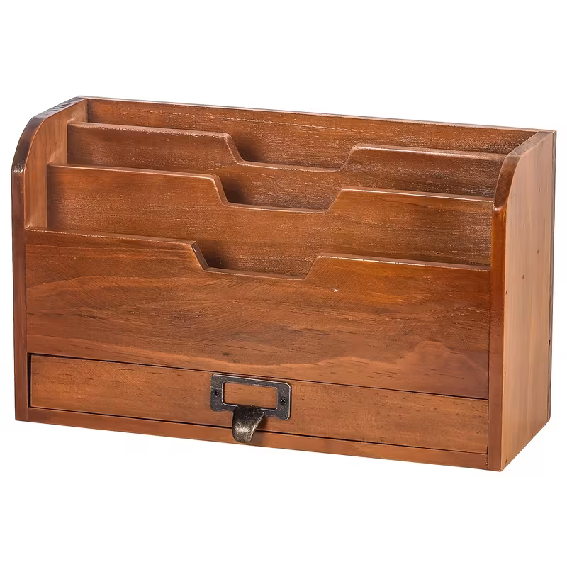 Rustic Mahogany Wood Desk Organizer, Vertical 3 Compartments File Sorter with Pull Out Paper Tray Drawer, Multifunctional Wooden Office Desktop Document Storage Holder