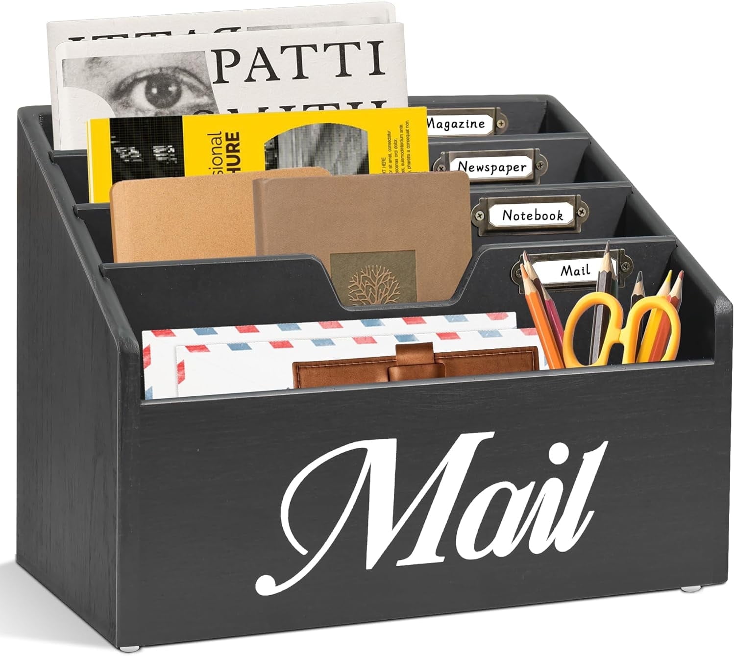 Rustic Mail Organizer for Desk, Mail Holder File Organizer Wall Mount, Office Accessories Mail Organizer Countertop with Removable Partitions, Desk Organizer for File Paper Folder, Black