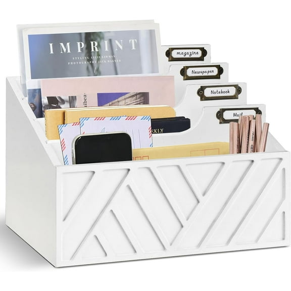 Rustic Mail Organizer Letter Sorter for Counter, Mail Holder Desktop File Organizer Holder, Countertop Desk Office Accessories for File Letter Paper Folder, White Wooden Desk Organizer