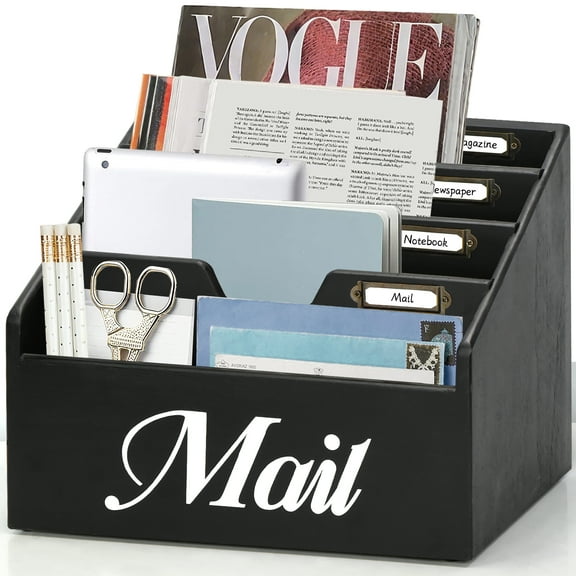 Rustic Mail Organizer for Desk, Mail Holder File Organizer Wall Mount, Office Accessories with Removable Partitions, Black