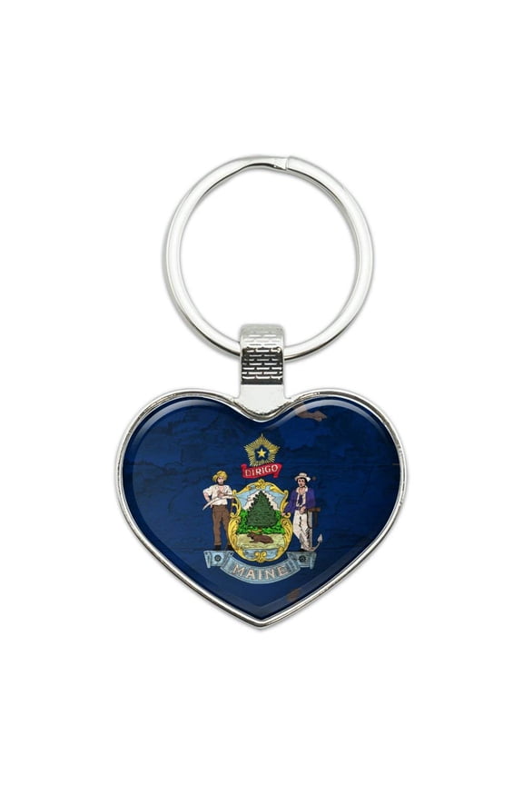 Rustic Maine State Flag Distressed USA Keychain Heart Love Metal Key Chain Ring