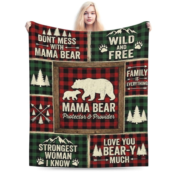Rustic Mama Bear Buffalo Plaid Blanket, "Protector & Provider" Cozy Fleece Throw for Couch, Strong Woman Mother's Day Gift 50x40