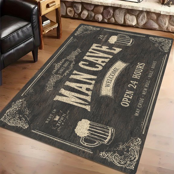 Rustic Man Cave Beer Mug Graphic 2D Printed Kitchen Runner Mat, Gamer Bar Living Room Holiday Gift Rug for Gentlemen, Thanksgiving Christmas Gift
