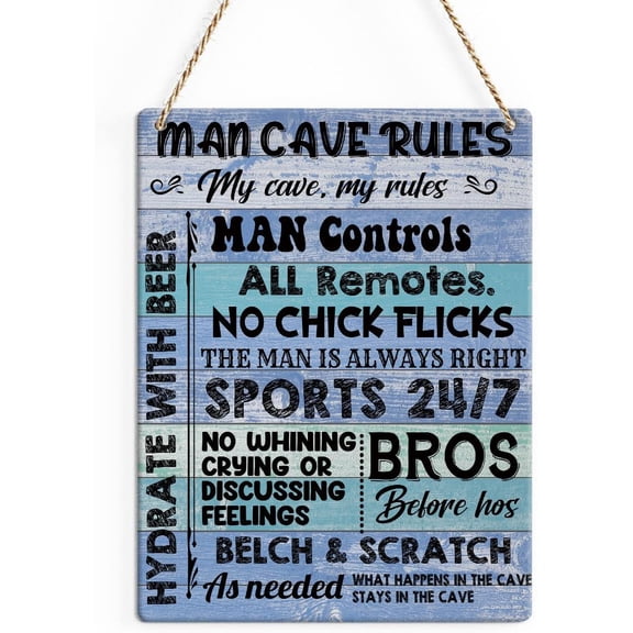 Rustic Man Cave Wood Decor Sign, Man Cave Rules No Whining Crying or Discussing Feelings Printed Wood Sign Wall Art, Hanging Door Sign, Decorative Wood Sign Home Decor 8x10