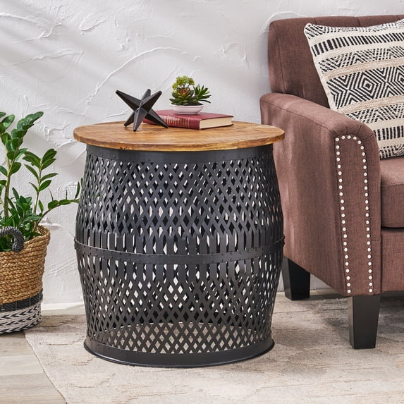 Rustic Mango Wood & Lace Cut Metal Side Table | Living Room End Table | Industrial Accent Table for Bedroom or Entryway