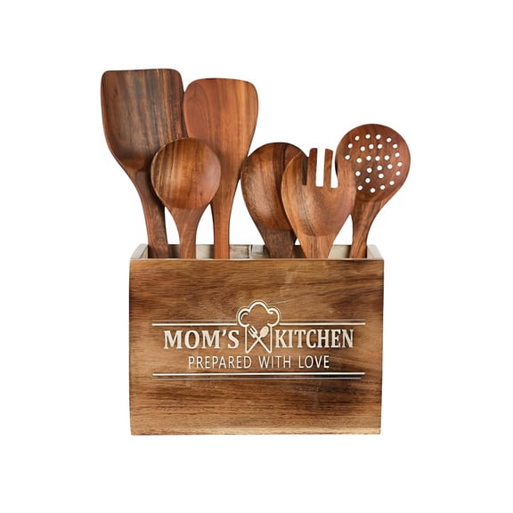 Rustic Mango Wood Utensil Holder for Kitchen Counter - Large 2-Compartment Whitewash Cooking Utensil Crock - Farmhouse Engraved Caddy & Kitchen Organizer Y101