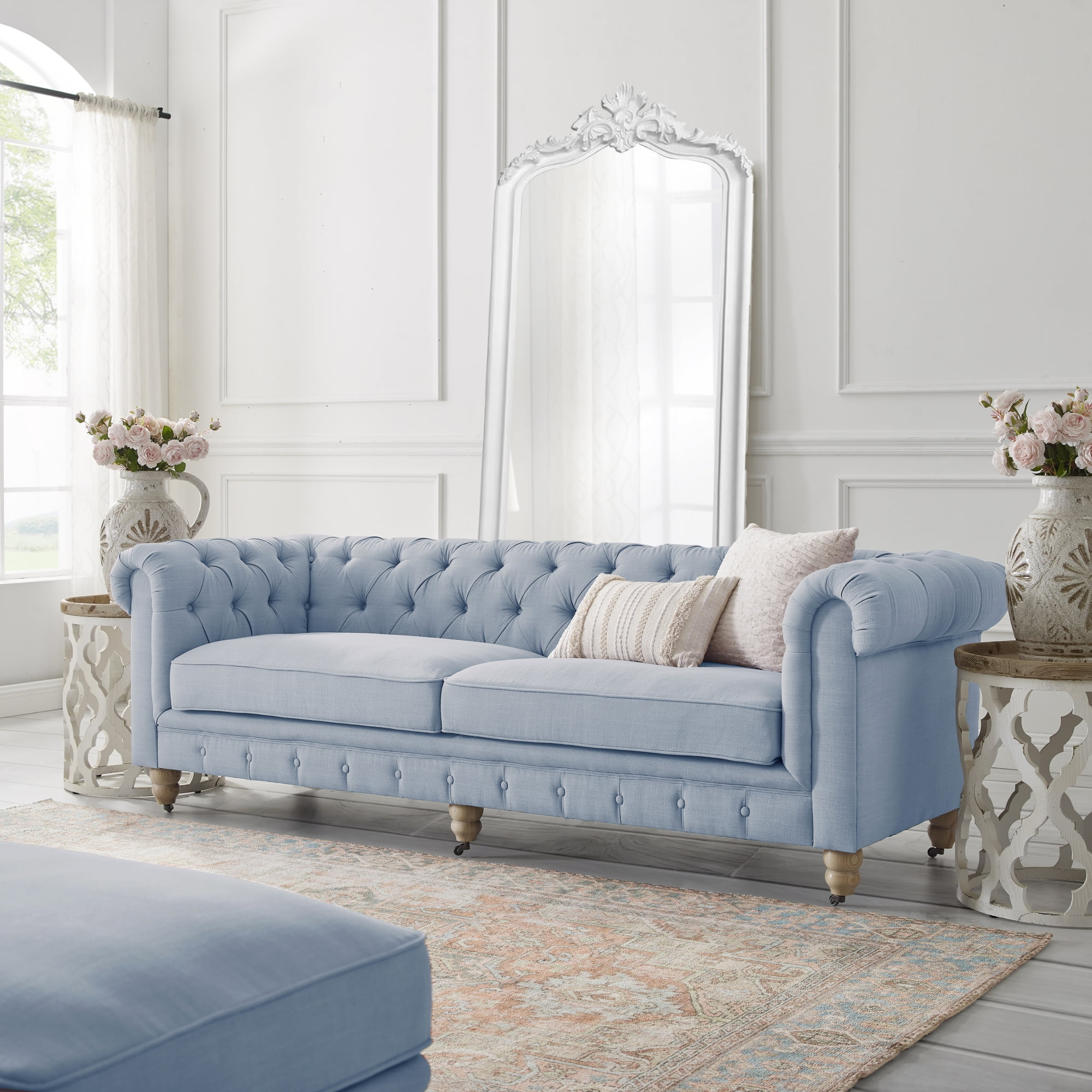 Rustic Manor Audriana 3 Seat Button Tufted Linen Sofa with Casters Light Blue 36 x 25 x 22