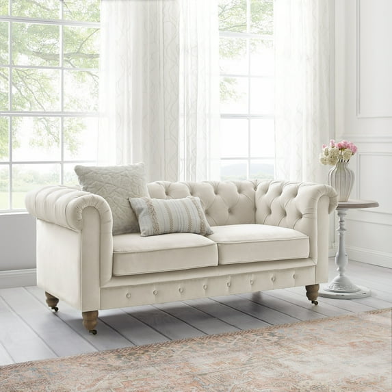 Rustic Manor Audriana Beige Velvet Chesterfield Loveseat 71L x 33.5W x 30.3H