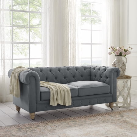 Rustic Manor Audriana Button Tufted Loveseat Linen Sofa With Casters, Dark Grey 71 x 33.5 x 30.5