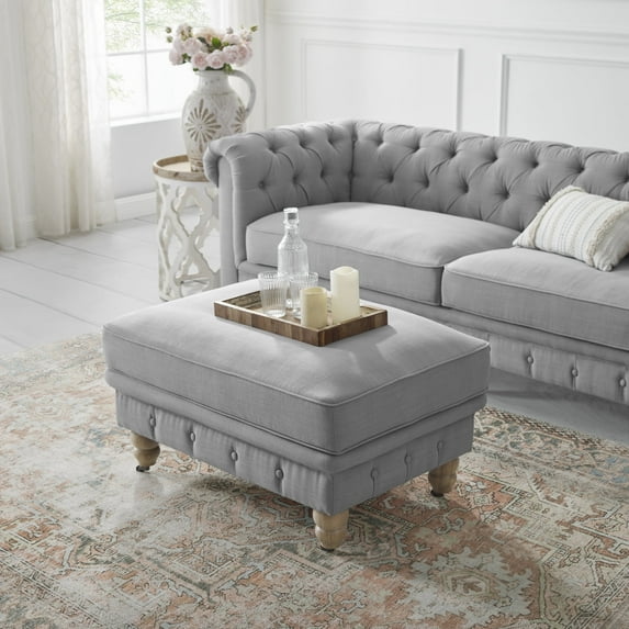 Rustic Manor Audriana Linen Cocktail Ottoman with Casters, Button Tufted, Light Grey, 36 x 25 x 20