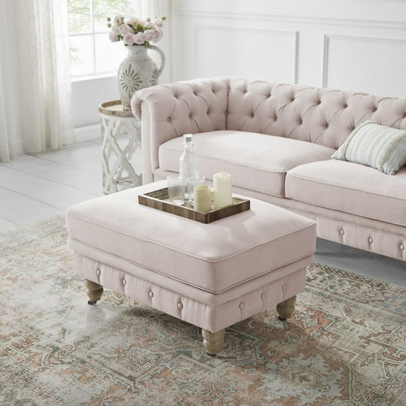 Rustic Manor Audriana Linen Cocktail Ottoman with Casters, Button Tufted, Pink, 36 x 25 x 25