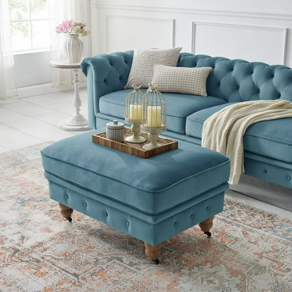 Rustic Manor Audriana Teal Velvet Chesterfield Cocktail Ottoman 36L x 25W x 20H