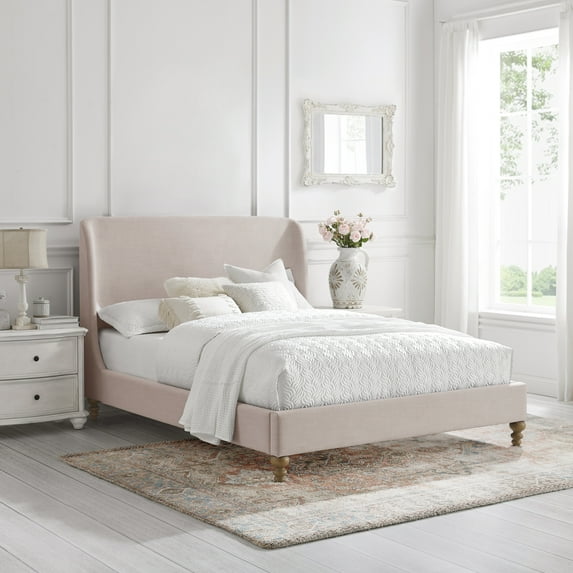Rustic Manor Bree Tufted Linen Queen Size Bed Frame, No Box Spring Needed, Pink