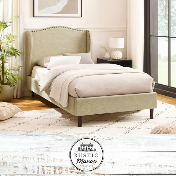 Rustic Manor Eloisa Linen Upholstered Platform Bed Full Size, Beige