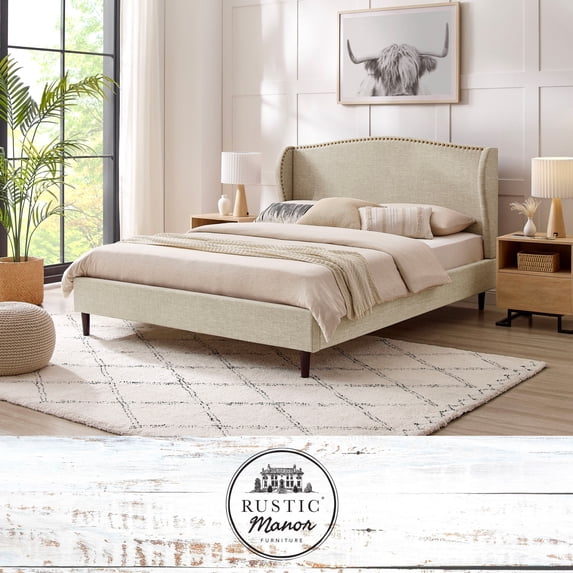 Rustic Manor Eloisa Linen Upholstered Platform Bed King Size, Beige