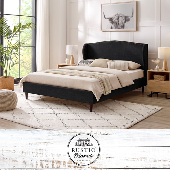 Rustic Manor Eloisa Linen Upholstered Platform Bed Queen Size, Charcoal