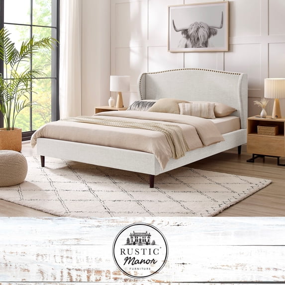 Rustic Manor Eloisa Linen Upholstered Platform Bed Queen Size, Cream White