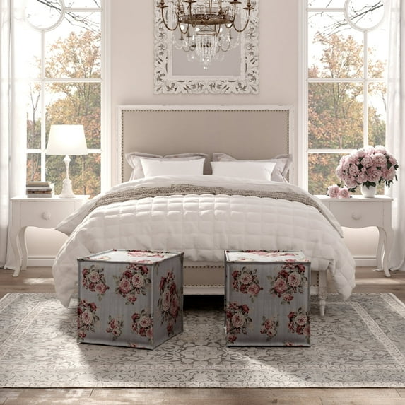Rustic Manor Leilany Upholstered Printed Linen Square Ottoman, for Bedroom & Living Room, Manor Floral