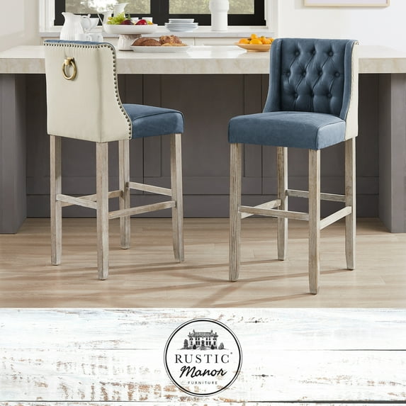 Rustic Manor Malinda Leather PU/Linen Upholstered Barstool (Set of 2), Navy