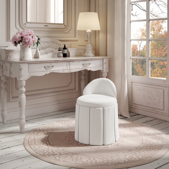 Rustic Manor Merle Rectangular Linen Slipcover Plywood Vanity Stool, Cream White