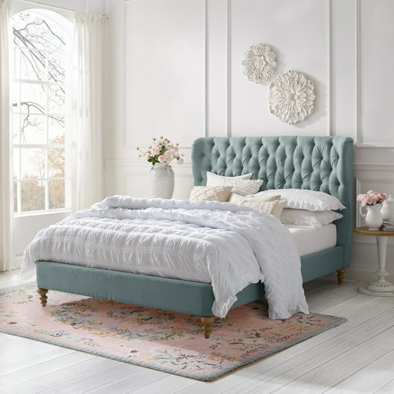 Rustic Manor Sally Tufted Linen Twin Size Bed Frame, No Box Spring Needed, Sea Blue