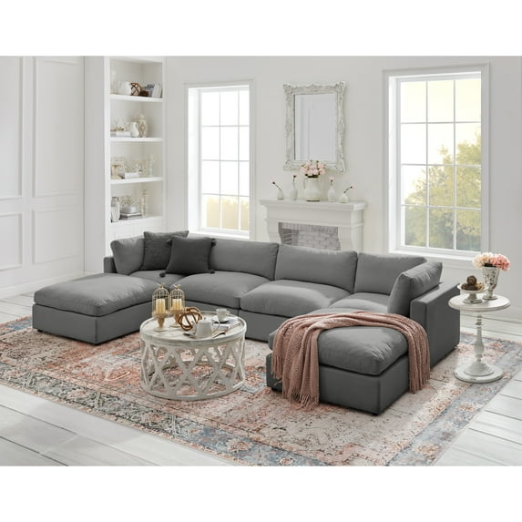 Rustic Manor Saniyah Grey Linen Sofa U-Chaise Sectional