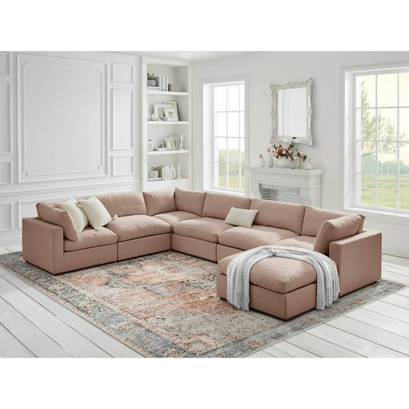 Rustic Manor Saniyah Pink Linen Modular U-Sofa Chaise Sectional