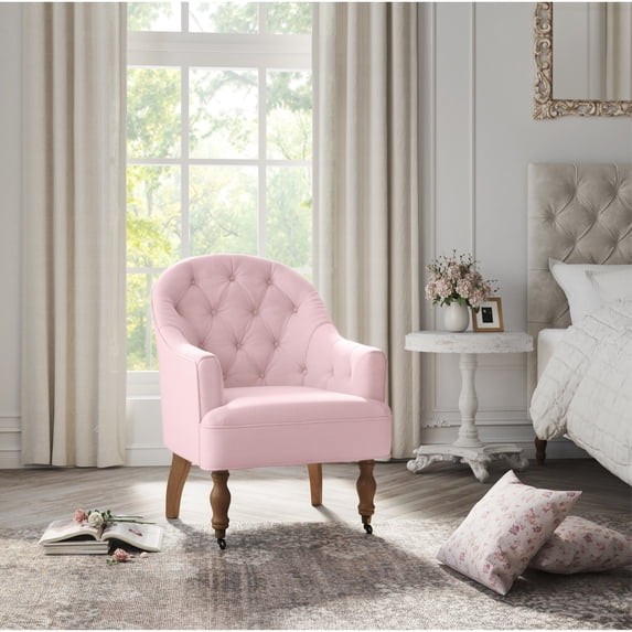 Rustic Manor Saoirse Upholstered Linen Button Tufted Accent Armchair with Casters, Pink