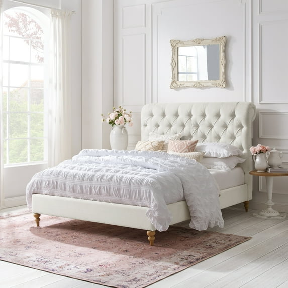 Rustic Manor Selina Tufted Linen King Full Size Bed Frame, No Box Spring Needed, Cream White