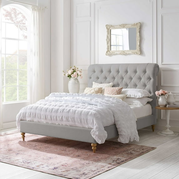 Rustic Manor Selina Tufted Linen Queen Size Bed Frame, No Box Spring Needed, Grey