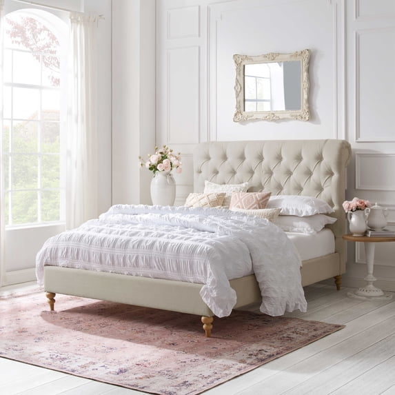 Rustic Manor Selina Tufted Linen Twin Size Bed Frame, No Box Spring Needed, Beige
