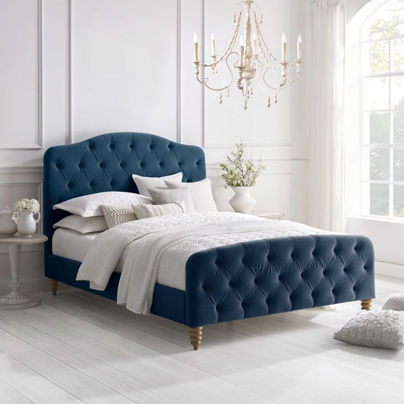 Rustic Manor Sherlyn Velvet Tufted King Size Bed frame, No Box Spring Needed, Navy