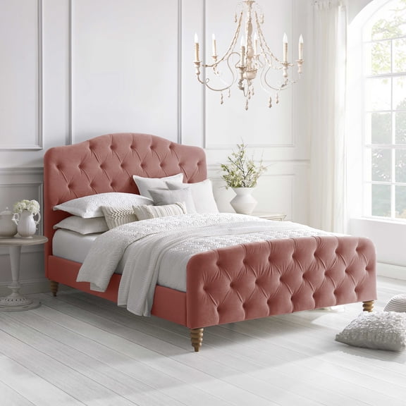 Rustic Manor Sherlyn Velvet Tufted Twin Size Bed frame, No Box Spring Needed, Blush