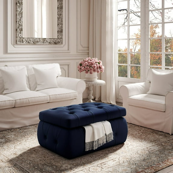 Rustic Manor Tremblay Velvet Button Tufted Storage Ottoman, Navy