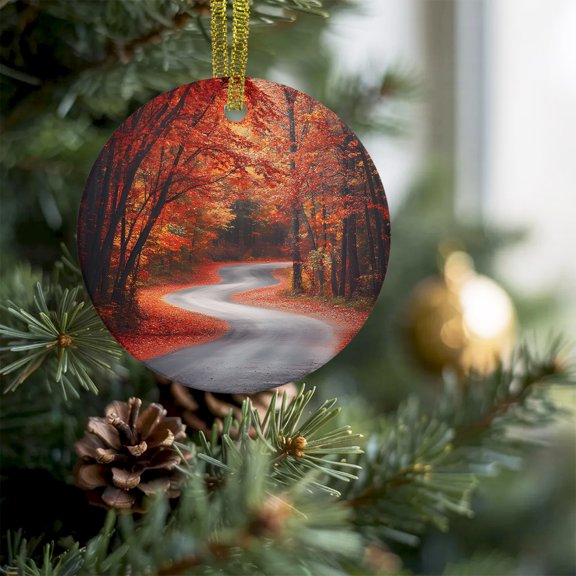 Rustic Maple Leaf Tree Road Christmas Ceramic Ornament 2026,3" Round Xmas Tree Hanging Accessories with Gold Ribbon,Watercolor Autumn Leaves Pendant Ornaments for Holiday Gift Home Party Decor