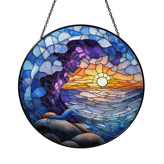 Rustic Marine Penguin Suncatcher Acrylic Round Panel Present Art