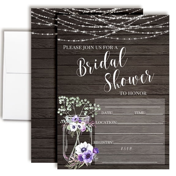 Rustic Mason Jar Bridal Shower Invitations, 20 Fill-In Cards with Envelopes, 5x7 Wedding Shower Invitations for Bride, Bridal Party Supplies and Decorations, Made in USA by Amanda Creation