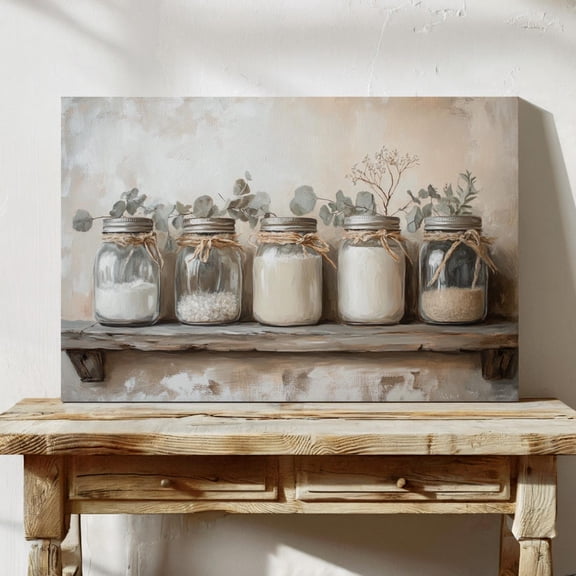 Rustic Mason Jar Kitchen Wall Art – Farmhouse Shelf Print With Herbs And Pantry Decor, Neutral Cottagecore Country Home Artwork Wall Art, Modern Wall Decor, 8x12 UNFRAMED