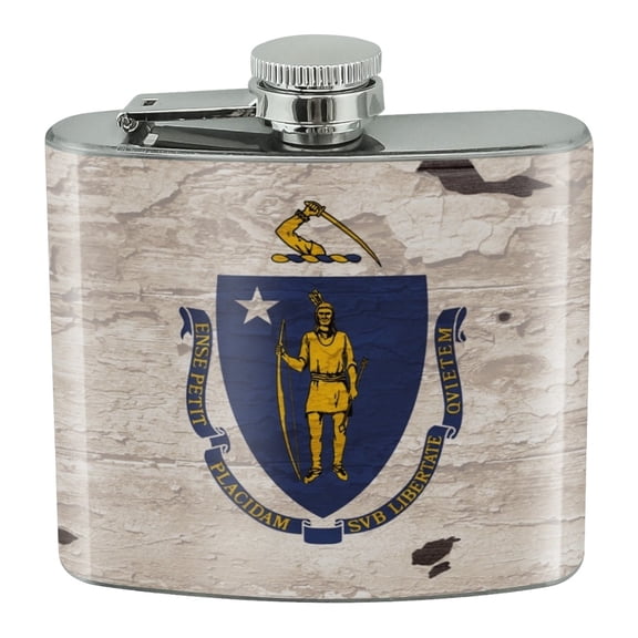 Rustic Massachusetts State Flag Distressed USA Stainless Steel 5oz Hip Drink Kidney Flask