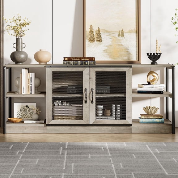 Rustic Media Console with Mesh Door and Shelves, Industrial Entertainment Center with Storage for Living Room