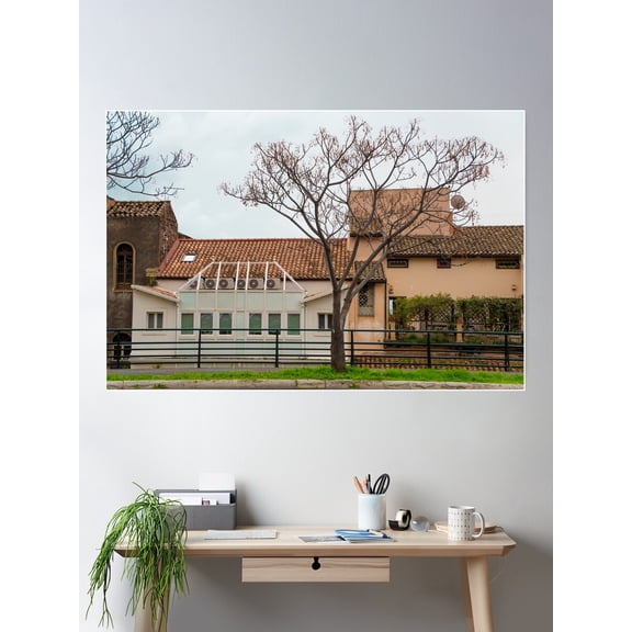 Rustic Mediterranean Architecture With Bare Tree Poster Wall Art, Modern Wall Decor For Living Room Bedroom, 8x12 UNFRAMED