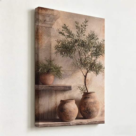 Rustic Mediterranean Olive Branch Still Life Canvas Wall Art - Vintage Terracotta Pottery Painting Print - Matte Finish Gallery Wrapped Old World Tuscan Home Decor Ready to Hang 8*12