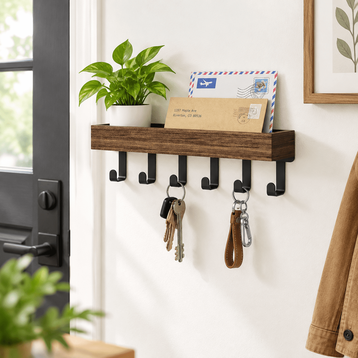 Rustic Medium Solid Wood Wall Mounted Key Holder Rack with Shelf and ...