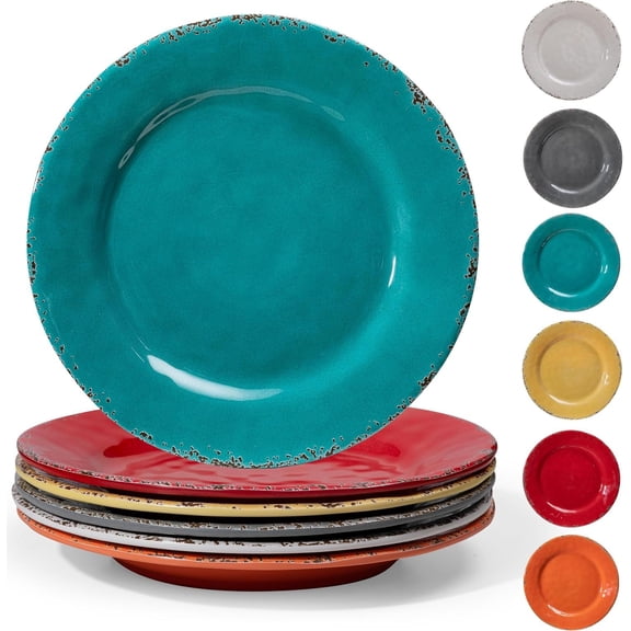 Rustic Melamine Dinner Plates, 11 inch Melamine Plates Set of 6, Large Salad/Dessert Plates, Unbreakable Colorful Serving Dishes Set for Indoor and Outdoor, Color...