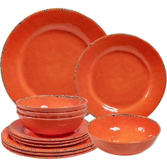 Rustic Melamine Dinnerware Set for 4, 12-Piece Plates and Bowls, Dishwasher Safe, Orange