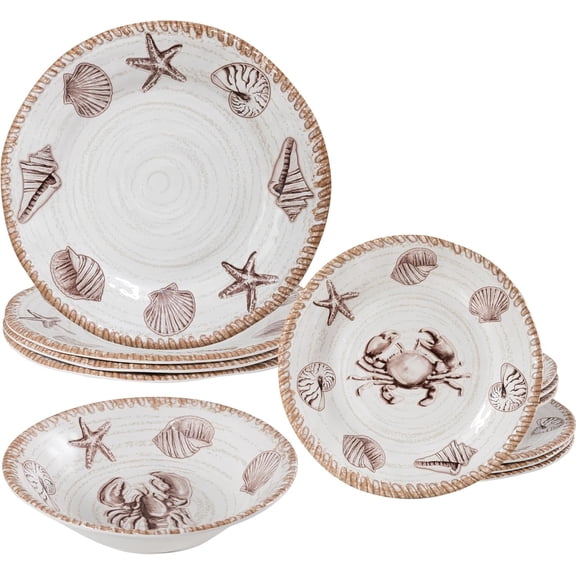 Rustic Melamine Dinnerware Sets, 12 count Oceanic Theme Plates and Bowls Set for Patio, Coastal Dishes Dinnerware Set of 4, for Camper, RV, Antique Tan Brown